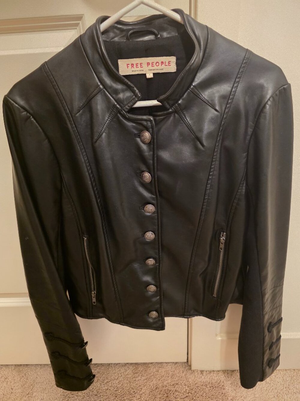 Free People fitted military band-style jacket in supple black faux leather. Feat